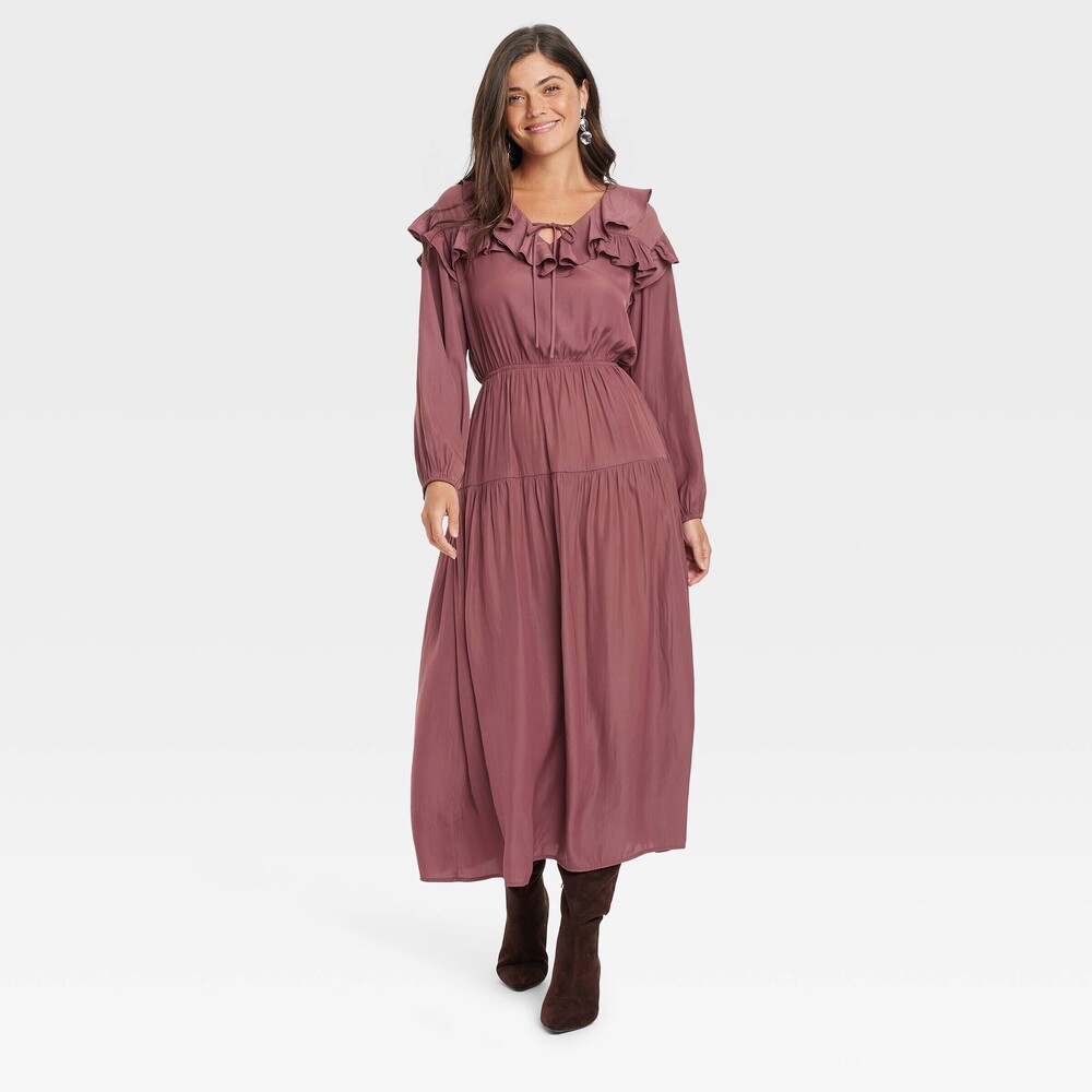 Long Sleeve Ruffle Maxi A-Line Dress - Dark Mauve L
